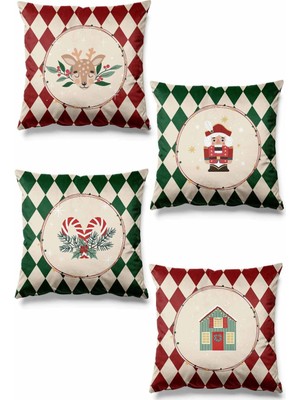 Çift Taraflı Candy Christmas Desenli Süet Kırlent Kılıfı, 4'lü, Yılbaşı ve Noel Temalı