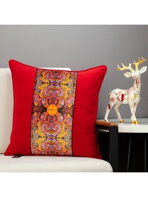 50×50 Kadife Üzeri Ortadan Desenli Kırlent, Kırmızı