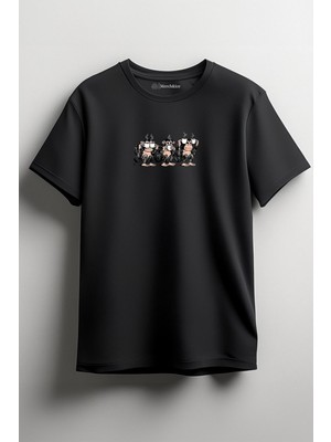 Merch&ice Üç Maymun Kahveli Tasarım Önü Baskılı Unisex Tişört Siyah
