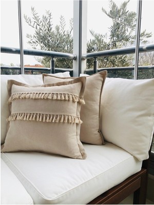 Açık Bej Renkli Bohem Püsküllü Kırlent Kılıfı Seti, Dekoratif, 2'li