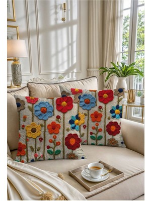 Renkli Nakış Desenli Dijital Baskılı 2'li Kırlent Kılıfı, Mavi Sarı Kırmızı