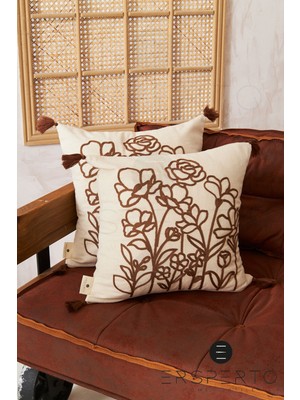 Keten Çiçek Püsküllü Dekoratif Kırlent Kılıfı 43X43CM Kahverengi