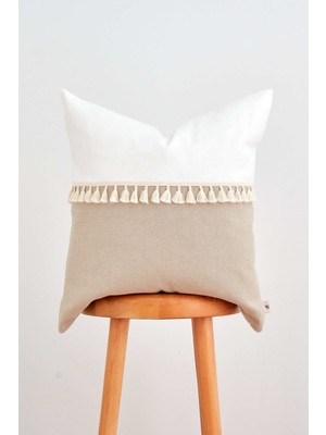 Şerit Püsküllü Bej Pamuk Keten Kırlent Kılıfı 50X50 Cm, Şık ve Rahat Dekor.