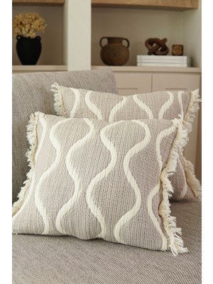 2'li Müslin Kırlent Kılıfı, 100% Pamuk, 3 Kat, Dalga Desen, Vizon Renk