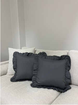 Fırfırlı Keten Kırlent Kılıfı, 40X40 Cm, Antrasit Gri