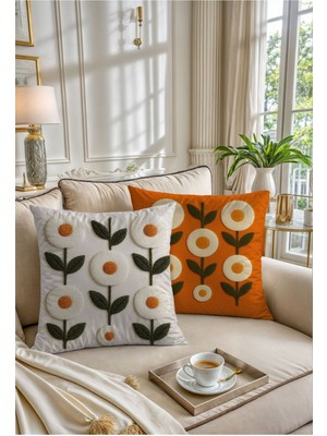 Nakışlı Papatyalı Çiçekli 2'li Kırlent Takımı, Beyaz ve Turuncu Renkli