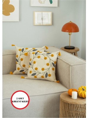 Çiçekli Sarı Püsküllü Pamuk Nakışlı Kırlent Kılıfı 2'li 42X42 cm