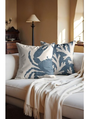 Deniz Temalı Çift Taraflı Gizli Fermuarlı Kırlent Kılıfı, Lacivert, 2'li Set