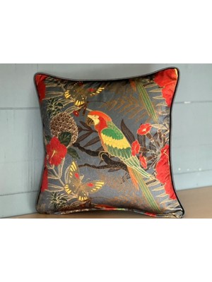 Kadife Papağan Desenli Gri Kırlent Kılıfı 43X43CM, Çift Taraflı, Şık ve Rahat