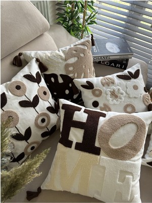 Nakışlı 4'lü Kırlent Kılıfı, Kahve-Ekru-Bej-Beyaz, Şık ve Rahat Dekorasyon Seti