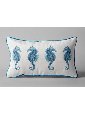 Denizatı Temalı Marin Dekoratif Kırlent Kılıfı Beyaz Mavi Turkuaz