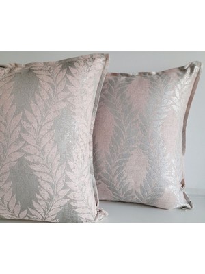 Pudra Pembe-Gümüş Renkli Yaprak Desenli 2'li Viskon Kırlent Kılıfı