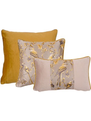 3'lü Kuş Figürlü Bej Kırlent Kılıf Seti, Şık ve Rahat Dekorasyon.