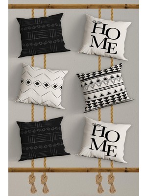 6'lı Siyah Beyaz Çift Taraflı Baskılı Dekoratif Yastık Kılıfı Seti