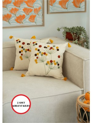 Renkli Pamuk Kırlent Kılıfı 42X42 Cm, 2'li Set, Püsküllü, Nakışlı, Şık ve Rahat