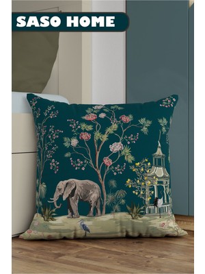Turkuaz Fil ve Gül Desenli Dekoratif Yastık Kılıfı