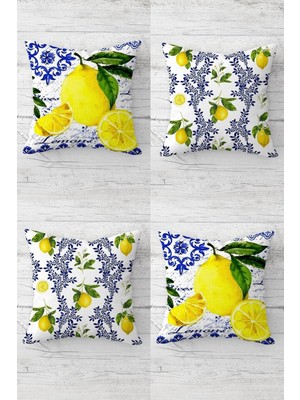Limon ve Çiçek Desenli Gizli Fermuarlı Kırlent Kılıfı Seti, 4 Adet, Sarı-Lacivert-Beyaz