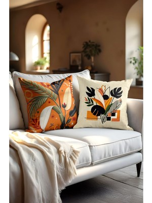 Turuncu Yaprak Desenli Çift Taraflı Dijital Baskılı Kırlent Kılıfı Set