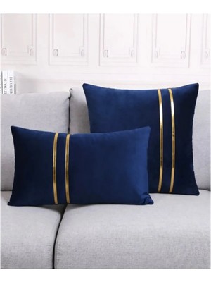 Lacivert Kadife Görünümlü Deri Şeritli Dekoratif Kırlent Kılıfı, Şık ve Zarif Tasarım