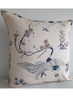 Keten Pamuklu Kumaş, Gece Mavisi, Leylek Desenli, Kırlent Kılıfı, Şık ve Doğal Dokunuş