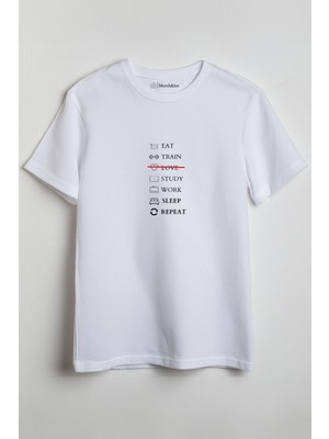 Merch&ice Eat Train Love Study Work Sleep Repeat  Önü Baskılı Unisex Tişört Beyaz