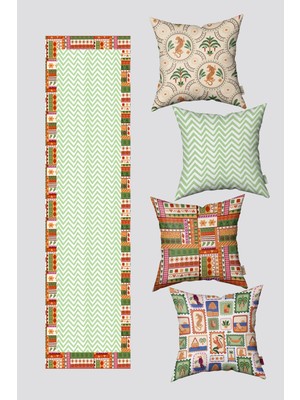 Tropikal Hayvan Desenli 4'lü Kırlent Kılıfı ve Runner Seti, Yeşil Renkli Şık Tasarım