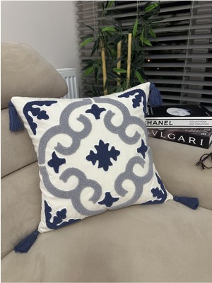 Nakışlı Kırlent Kılıfı Ekru Gri Indigo Mavi Beyaz 100% Pamuk