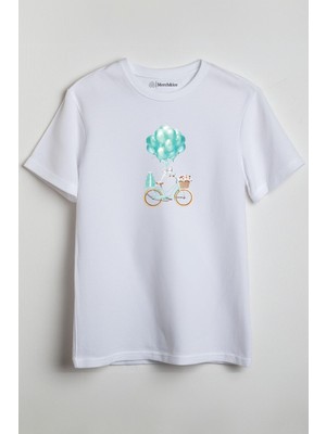 Merch&ice Yeşil Balonlar ve Bisiklet Baskılı Unisex T-Shirt Beyaz