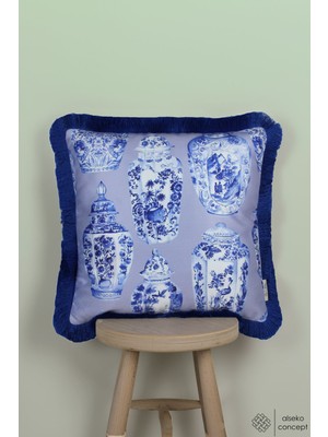 Renkli Saks Püsküllü Dekoratif Kare Kırlent Kılıfı 43X43CM