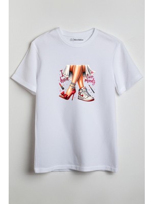 Merch&ice I Have Two Moods Topuklu Ayakkabı- Sneakers Baskılı Unisex T-Shirt Beyaz