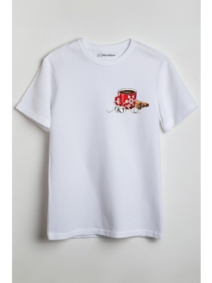 Merch&ice Kar Taneli Tarçınlı Kış Çayı Baskılı Unisex T-Shirt Beyaz