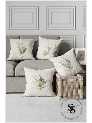 Yeşil Yapraklar Desenli 4'lü Dijital Baskılı Kırlent Takımı