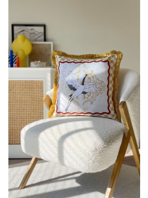 Sarı Anka Kuşu Desenli Püsküllü Vintage 50X50 Dekoratif Yastık (Iç Dolgulu)