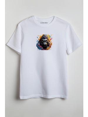 Merch&ice Renkli Maymun Baskılı Unisex T-Shirt Beyaz