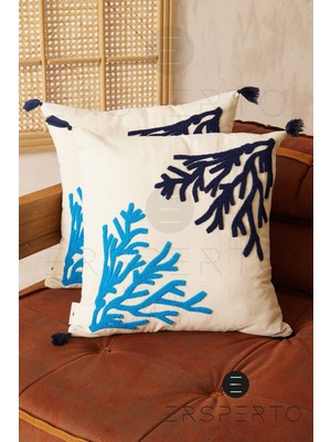 Mercan Desenli Nakışlı Kırlent Kılıfı 43X43CM, Marin Serisi, Şık ve Rahat Dekorasyon.