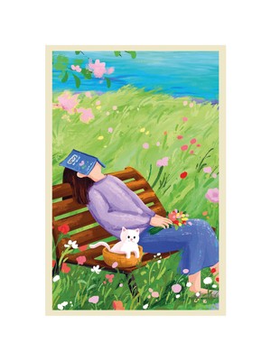 Doğada Huzur, Kedi ve Kitap Keyfi – İllüstrasyonlu Hediye Not Kartı & Dekoratif Kartpostal, Özel Tasarım ve Anlamlı Hediye