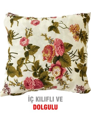 Çok Renkli, Fermuarlı, Dolgulu Kırlent Yastık, 43X43 Cm, Ingiliz Gülü Tasarımı