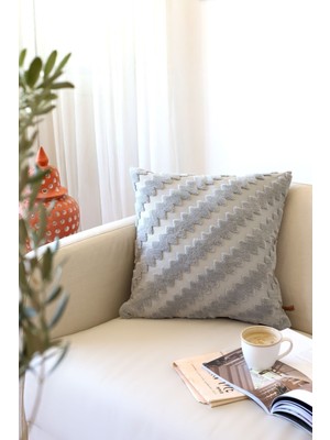 Bohem Tasarımlı Kare Dekoratif Kırlent Kılıfı, Zigzag Desen, Gri Renk