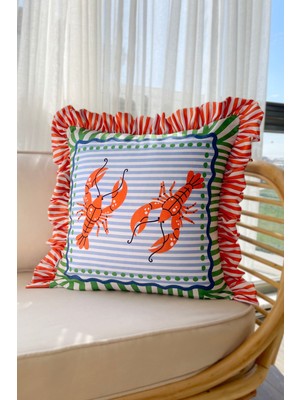 Yengeç Desenli Marin Temalı Fırfırlı Dekoratif Yastık 50X50 Iç Dolgulu