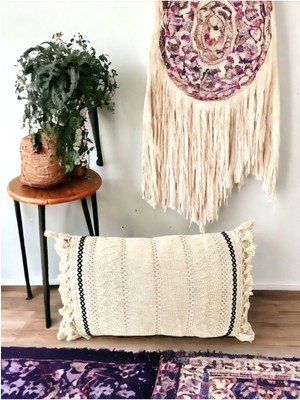 Dantelli Keten Kırlent Kılıfı 35X55, Ekru Krem, Şık ve Zarif Tasarım