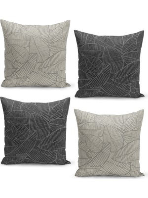 Dört Adet Doğal Görünümlü Yaprak Desenli Keten Tweed Kırlent Kılıf Seti