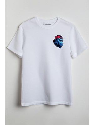Merch&ice Kırmızı Şapkalı Mavi Maymun Baskılı Unisex T-Shirt Beyaz