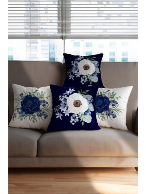 Doğa Temalı Lacivert Beyaz Çiçek Desenli 4'lü Dijital Baskılı Kırlent Kılıfları