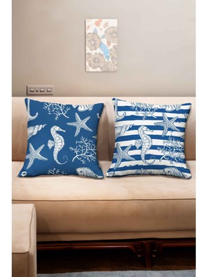 Yaz Temalı Deniz Atı ve Deniz Yıldızı Desenli 2'li Dijital Kırlent Kılıfı