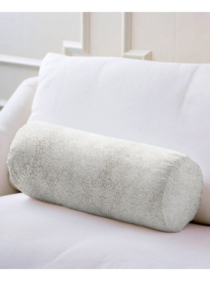 Krem Renkli Damask Desenli Iç Dolgulu Fermuarlı Süet Silindir Yastık