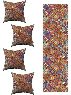 Turuncu Retro Desenli 4'lü Kırlent ve Runner Seti, Şık ve Renkli Dekorasyon Parçası