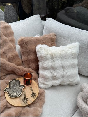 40X40 Ekru Pofuduk Peluş Kırlent Kılıfı, Tek Taraflı Yastık, Kare Tasarım