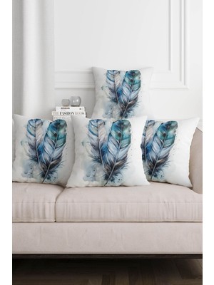 Mavi Tüy Desenli Dijital Baskılı Dekoratif 4'lü Kırlent Kılıfı Seti