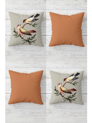 Bahar Dalında Kuşlar Vintage Desenli Gizli Fermuarlı Kırlent Kılıf Takımı (4 Adet)