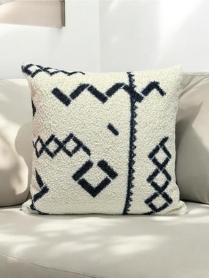 Kare Kırlent Kılıfı, Çift Taraflı Kuzu Puffy, Bohem ve Etnik Tasarım, Krem Laciğer